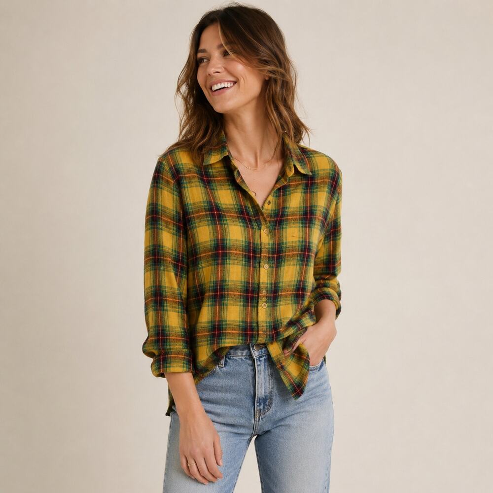 CP Shades Button up Flannel Shirt Yellow Green Plaid Cotton Medium